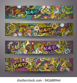 Cartoon vector hand-drawn Doodle on the subject of cosmetic and beauty. Horizontal banners design templates set