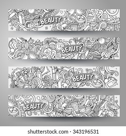 Cartoon vector hand-drawn Doodle on the subject of cosmetic and beauty. Horizontal banners design templates set