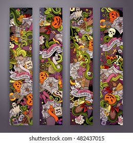 Cartoon vector hand-drawn Doodle on the subject of Halloween. 4 vertical banners design templates set