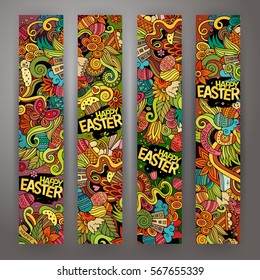 Cartoon vector hand-drawn Doodle on the subject of Easter. 4 vertical banners design templates set  
