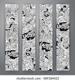 Cartoon vector hand-drawn Doodle on the subject of Easter. 4 vertical banners design templates set