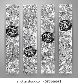 Cartoon vector hand-drawn Doodle on the subject of Easter. 4 vertical banners design templates set