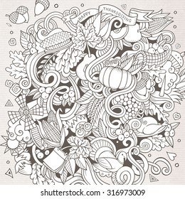 Cartoon vector hand-drawn Doodle Thanksgiving. Sketchy design background with objects and symbols.