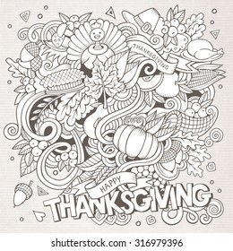 Cartoon vector hand-drawn Doodle Thanksgiving. Sketchy design background with objects and symbols.