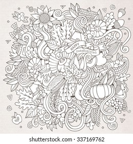 Cartoon vector hand-drawn Doodle Thanksgiving. Sketchy design background with objects and symbols.