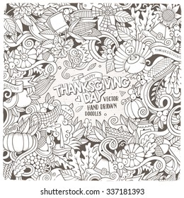 Cartoon vector hand-drawn Doodle Thanksgiving frame. Sketchy card design background with objects and symbols.