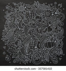 Cartoon vector hand-drawn Doodle Thanksgiving. Chalkboard design background with objects and symbols.