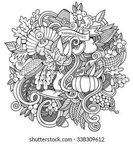 Cartoon vector hand-drawn Doodle Thanksgiving. Sketchy design background with objects and symbols.