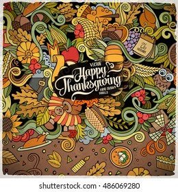 Cartoon vector hand-drawn Doodle Thanksgiving frame. Colorful card design background with objects and symbols.