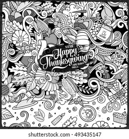 Cartoon vector hand-drawn Doodle Thanksgiving frame. Sketchy card design background with objects and symbols.
