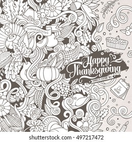 Cartoon vector hand-drawn Doodle Thanksgiving frame. Sketchy card design background with objects and symbols.