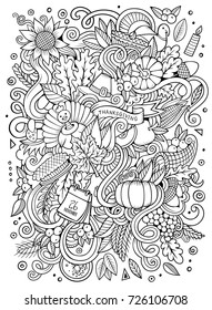 Cartoon vector hand-drawn Doodle Thanksgiving. Sketchy design background with objects and symbols.