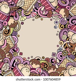 Cartoon vector hand-drawn doodles Ice Cream frame illustration. Colorful detailed card border, with lots of separated objects