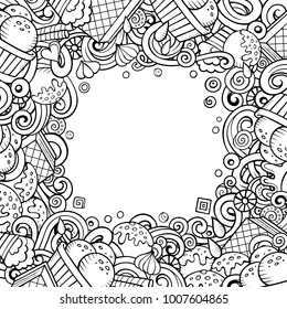 Cartoon vector hand-drawn doodles Ice Cream frame illustration. Line art card border, with lots of separated objects