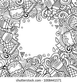 Cartoon vector hand-drawn doodles Ice Cream frame illustration. Line art card border, with lots of separated objects