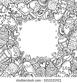 Cartoon vector hand-drawn doodles Ice Cream frame illustration. Line art card border, with lots of separated objects