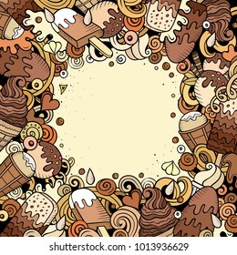 Cartoon vector hand-drawn doodles Ice Cream frame illustration. Colorful detailed card border, with lots of separated objects