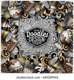 Cartoon vector hand-drawn doodles Ice Cream frame illustration. Colorful detailed border, with lots of separated objects