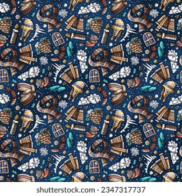 Cartoon vector hand-drawn doodles on the subject of winter seamless pattern features a variety of seasonal objects and symbols