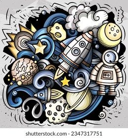 Cartoon vector hand-drawn doodles on the subject of Outer Space illustration feature a variety of Cosmic objects and symbols. The picture has a whimsical, playful feel. Perfect for various projects.