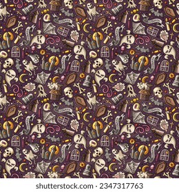 Cartoon vector hand-drawn doodles on the subject of Happy Halloween seamless pattern features a variety of holiday objects and symbols