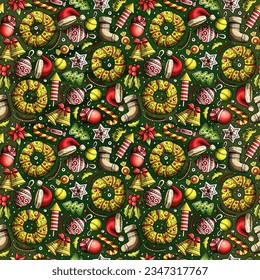Cartoon vector hand-drawn doodles on the subject of New Year seamless pattern features a variety of Xmass objects and symbols