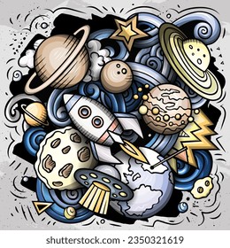 Cartoon vector hand-drawn doodles on the subject of Outer Space illustration feature a variety of Cosmic objects and symbols. The picture has a whimsical, playful feel. Perfect for various projects.