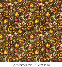 Cartoon vector hand-drawn doodles on the subject of Happy Thanksgiving seamless pattern features a variety of holiday objects and symbols