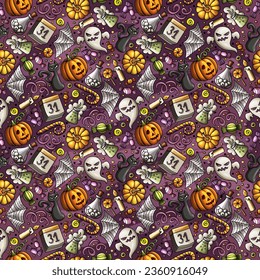 Cartoon vector hand-drawn doodles on the subject of Happy Halloween seamless pattern features a variety of holiday objects and symbols