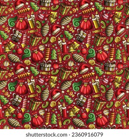 Cartoon vector hand-drawn doodles on the subject of New Year seamless pattern features a variety of Xmass objects and symbols