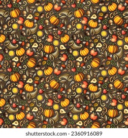 Cartoon vector hand-drawn doodles on the subject of Happy Thanksgiving seamless pattern features a variety of holiday objects and symbols