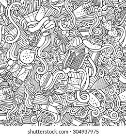 Vector de dibujos animados dibujado a mano Doodles sobre el tema de la comida rápida y dulces sin patrón. Fondo incompleto