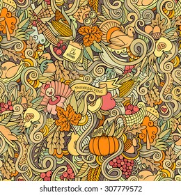 Cartoon vector hand-drawn Doodles on the subject of Thanksgiving autumn symbols, food and drinks seamless pattern. Color background