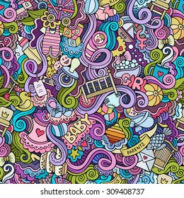 Cartoon vector hand-drawn Doodles on the subject of baby seamless pattern. Colorful background