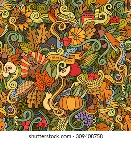 Cartoon vector hand-drawn Doodles on the subject of Thanksgiving autumn symbols, food and drinks seamless pattern. Color background