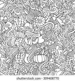 Cartoon vector hand-drawn Doodles on the subject of Thanksgiving autumn symbols, food and drinks seamless pattern. Contour background