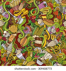 Cartoon vector hand-drawn Doodles on the subject of fast food and sweets seamless pattern