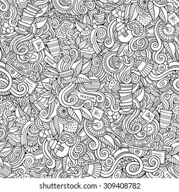 Cartoon Vector Hand-drawn Doodles On The Subject Of Tea Time Seamless Pattern. Sketchy Background 