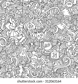 Cartoon vector hand-drawn Doodles on the subject of Halloween symbols, food and drinks seamless pattern. Contour background