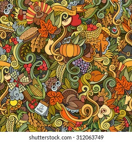 Cartoon vector hand-drawn Doodles on the subject of Thanksgiving autumn symbols, food and drinks seamless pattern. Color background