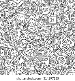 Cartoon vector hand-drawn Doodles on the subject of Halloween symbols, food and drinks seamless pattern. Contour background