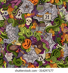 Cartoon vector hand-drawn Doodles on the subject of Halloween symbols, food and drinks seamless pattern. Colorful background