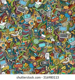 Cartoon vector hand-drawn Doodles on the subject of social media, internet, technical, computer, transport icons and symbols seamless pattern. Colorful background