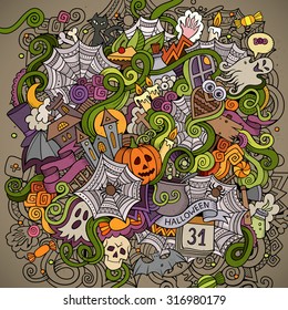 Cartoon vector hand-drawn Doodles on the subject of Halloween symbols, food and drinks colorful background