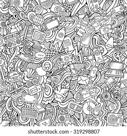 Cartoon vector hand-drawn Doodles on the subject of social media, internet, technical, computer, transport icons and symbols seamless pattern. Sketchy background