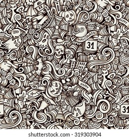 Cartoon vector hand-drawn Doodles on the subject of Halloween symbols, food and drinks seamless pattern. Trace background
