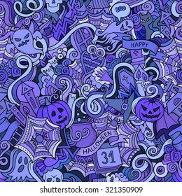 Cartoon vector hand-drawn Doodles on the subject of Halloween symbols, food and drinks seamless pattern. Colorful background