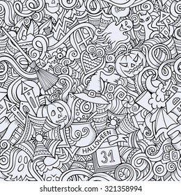 Cartoon vector hand-drawn Doodles on the subject of Halloween symbols, food and drinks seamless pattern. Contour background