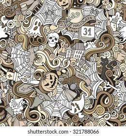 Cartoon vector hand-drawn Doodles on the subject of Halloween symbols, food and drinks seamless pattern. Colorful background