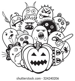 Cartoon vector hand-drawn doodles on the subject of Halloween. Pumpkin.